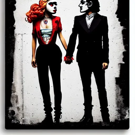 Image similar to mimmo rottela and banksy as joaquin phoenix skinny joker holding hand lady gaga harley queen, ultra photorealistic, intricate details, pop art style, baroque, hyperdetailed, concept art, ultrarealistic, 3 colors, smooth, sharp focus