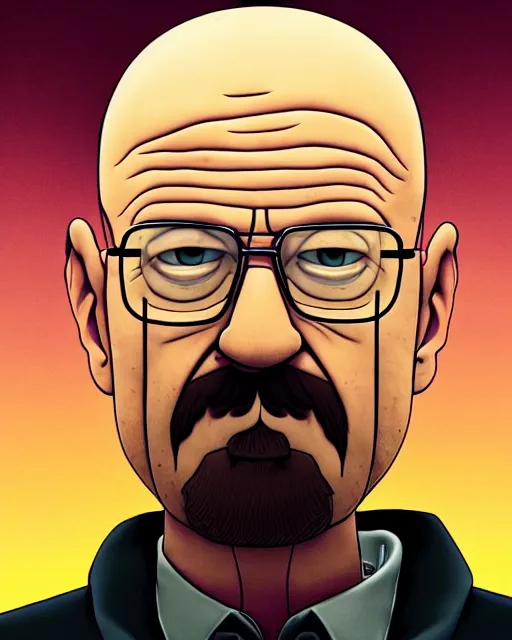 Image similar to portrait of walter white in the style of justin roiland. heisenberg from breaking bad. cinematic lighting. style of rick & morty. photographic, photography. by justin roiland