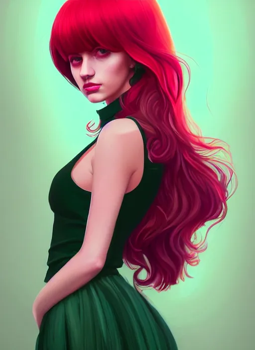 Image similar to full body portrait of teenage cheryl blossom, bangs, green eyes, sultry expression, red hair, sultry smirk, bangs and wavy hair, pink skirt, bangs, intricate, elegant, glowing lights, highly detailed, digital painting, artstation, concept art, smooth, sharp focus, illustration, art by wlop, mars ravelo and greg rutkowski