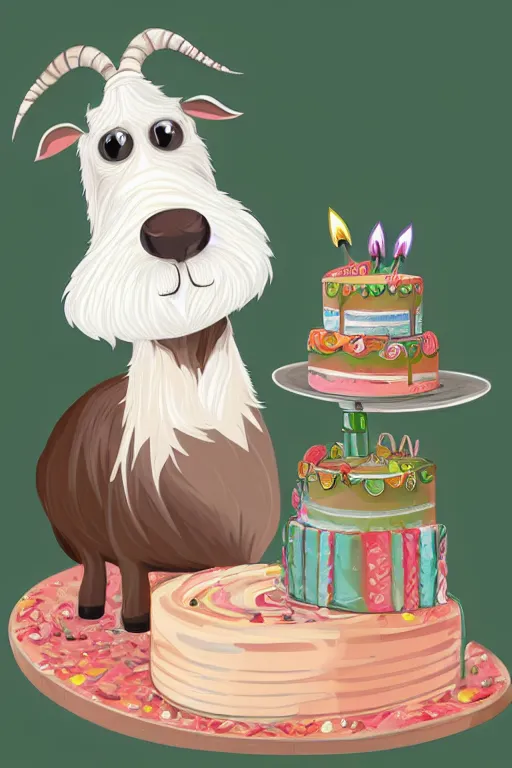 Prompt: an elderly goat with a long white beard, sitting in front of a birthday cake, in the style of a children's book illustration, cute, highly detailed digital art