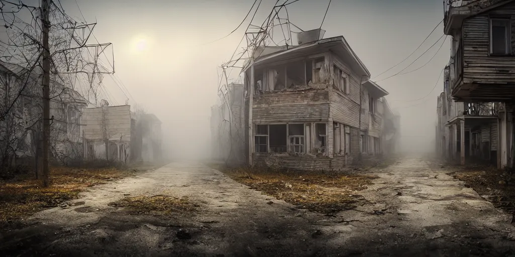 Image similar to abandoned houses, dilapidated Chernobyl city street, fog, rain, volumetric lighting, beautiful, golden hour, sharp focus, ultra detailed, cgsociety