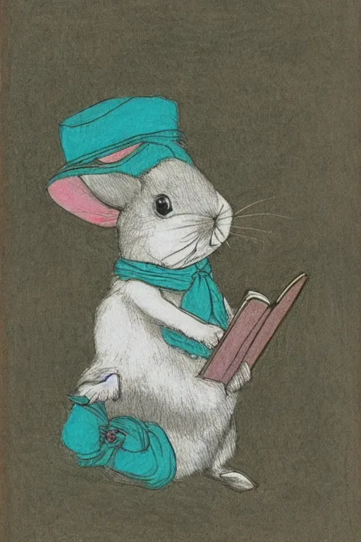 Image similar to drawing of white rabbit reading a book,Beatrix Potter, turquoise