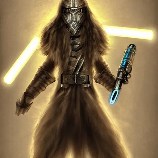 Prompt: long haired white cat in a futurist armor holding a light saber, digital art, fantasy, steampunk