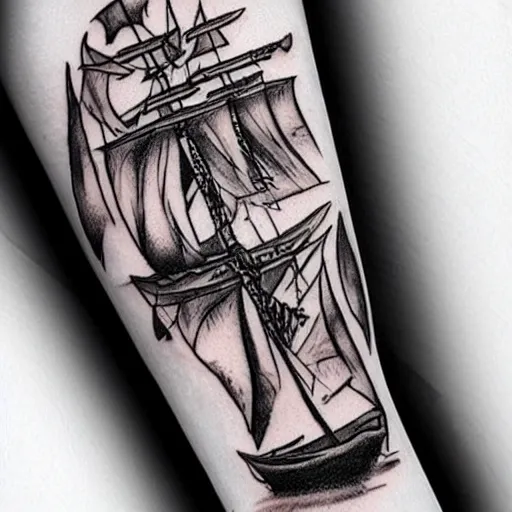 Prompt: A magical pirate ship tattoo realistic tattoo sketch on white background, hyper realistic shaded tattoo, award winning tattoo