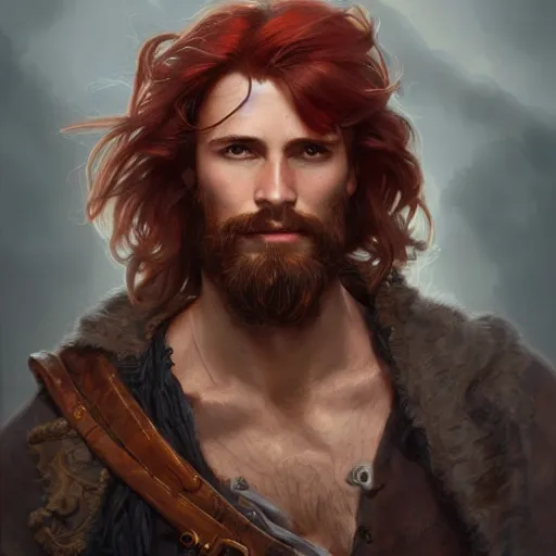 Prompt: portrait of a young ruggedly handsome but optimistic pirate, male, masculine, upper body, red hair, long hair, d & d, fantasy, intricate, elegant, highly detailed, digital painting, artstation, concept art, matte, sharp focus, illustration, art by artgerm and greg rutkowski and alphonse mucha