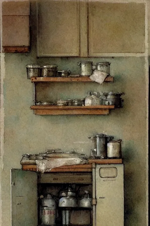 Prompt: ( ( ( ( ( 1 9 5 0 s kitchen. muted colors. ) ) ) ) ) by jean - baptiste monge!!!!!!!!!!!!!!!!!!!!!!!!!!!