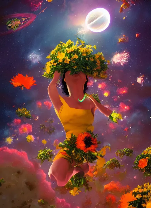 Image similar to An epic fantastic realism comic book style painting of the most beautiful flowers launched into space, bouquets hurdling toward the nearest star, fisheye lens, unreal 5, DAZ, hyperrealistic, octane render, dynamic lighting