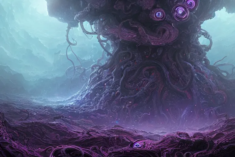 Prompt: An Eldritch Organic Living Empire of The Void made of eyeballs and tentacles, Purple and Blue colored, 4k, masterpiece, cinematic, glowing, by Greg Rutkowski, Trending on Artstation, Behance. Polished, Volumetric Lighting