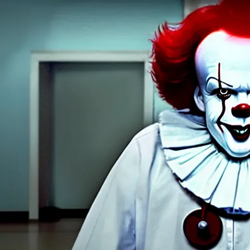 Prompt: a photograph of pennywise wearing a doctor's gown in a hospital, with a lab coat, with a stethoscope, hyperdetailed, intricate, dramatic, horror movie, movie still, 4 k realistic, volumetric lighting, sharp focus, american shot