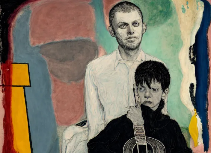 Image similar to portrait of nervous boy with acoustic guitar standing next, vincent lefevre and hernan bas and pat steir and hilma af klint, psychological, photorealistic, dripping paint, washy brush, rendered in octane, altermodern, masterpiece