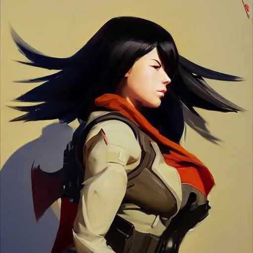 Image similar to Greg Manchess portrait painting of Mikasa Ackermann as Overwatch character, medium shot, asymmetrical, profile picture, Organic Painting, sunny day, Matte Painting, bold shapes, hard edges, street art, trending on artstation, by Huang Guangjian and Gil Elvgren and Sachin Teng