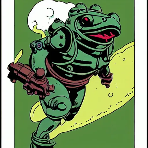 Image similar to Frog in wearing frog power armor flying with a jetpack artwork by Mike Mignola
