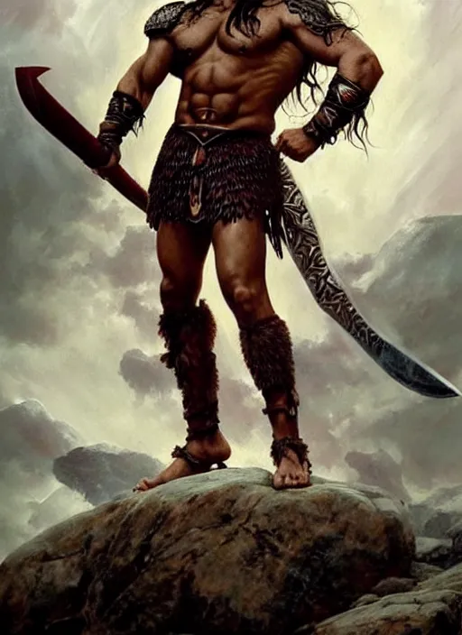 Image similar to beautiful portrait oil painting, jason momoa conan the barbarian thor standing on a rocky hill, wearing a warrior king crown and royal crimson fantasy ornate spartan dragon scale armor, wet skin and hair, muscular!!!, battle action pose, frank frazetta, boris vallejo, greg rutkowski, beautiful cinematic light, low angle, greg rutkowski, high contrast