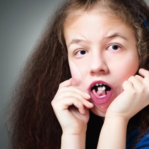 Prompt: Girl with a derpy face holding a maclunky to her ear.