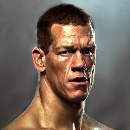 Image similar to A realistic hyperdetailed wide-shot digital oil portrait painting of an John cena in the style of Guy Denning, Ruan Jia, and Craig Mullins. Trending on ArtStation, DeviantArt, and Instagram. CGSociety Digital art. John cena.