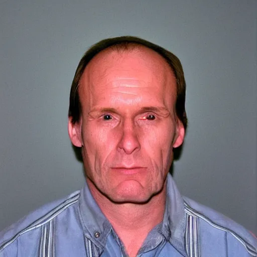 Image similar to A mugshot portrait of a middle aged older man who looks like Jerma985 with a receding hairline and short mid-length wavy hair, wearing mid-1980s menswear in the late 2008, taken in the late 1980s, grainy, realistic, hyperrealistic, very realistic, highly detailed, very detailed, extremely detailed, detailed, trending on artstation, front facing, front view, headshot and bodyshot, detailed face, very detailed face