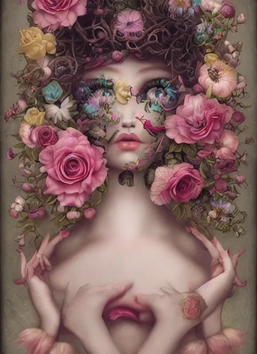 Image similar to pop surrealism, lowbrow art, realistic cute flowers painting, hyper realism, muted colours, rococo, natalie shau, loreta lux, tom bagshaw, mark ryden, trevor brown style,