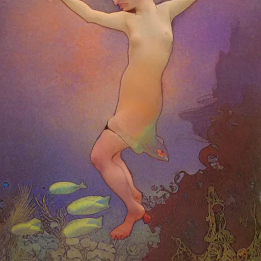 Image similar to Young girl dancing at the bottom of the sea,Perfecting the contours of the face,full-body,Realistic style,smog,Corals, aquatic plants, tropical fish,by Alfons Maria Mucha style