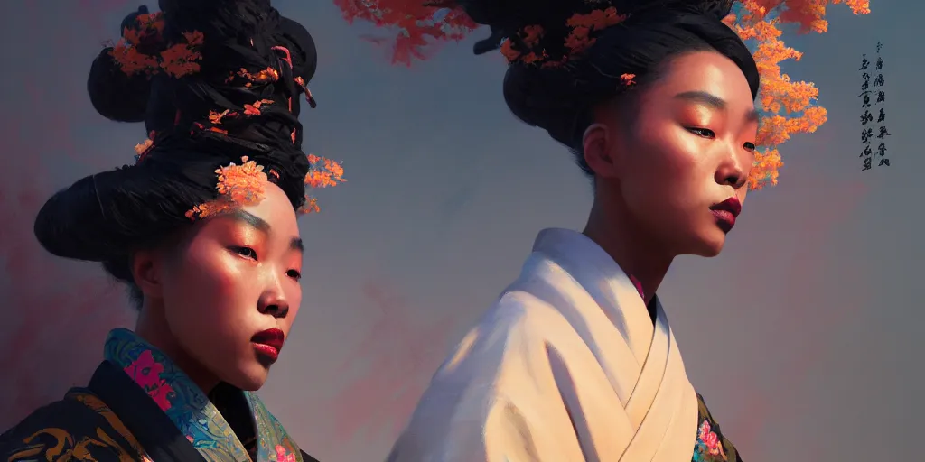 Image similar to sevhat, extremely detailed digital painting of a black woman wearing a kimono, in the style of fenghua zhong and ruan jia and jeremy lipking and peter mohrbacher, mystical colors, rim light, beautiful lighting, 8 k, stunning scene, raytracing, octane, trending on artstation