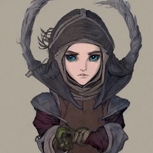 Prompt: medieval rogue masked girl, highly detailed, ghibli, mucha artstation