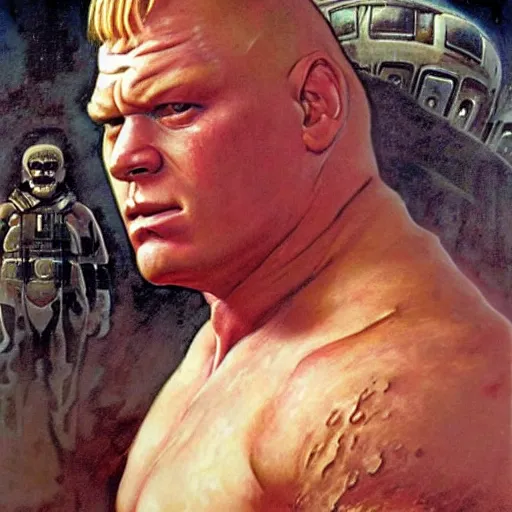 Prompt: head and shoulders portrait of brock lesnar as baron harkonnen from dune 1982 movie, background dystopian scifi palace, painted by norman rockwell and tom lovell and frank schoonover