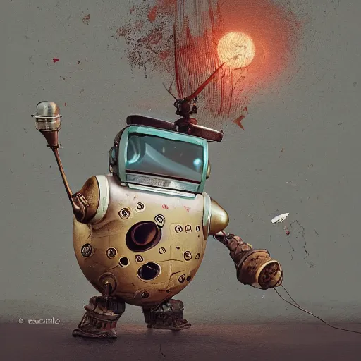 Image similar to gediminas pranckevicius, a small chubby bot, smooth panelling, one large gold eye intricate detail, style of pokemon, with damaged rusty arms, broken antenna, recycled, floating, white studio, oil, mechanical, toy, ambient light, in the style of pixar animation, pokedstudios, blender, octane render, 8 k,