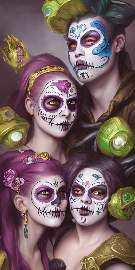 Prompt: uhd portrait photography mirror of jinx and teemo from league of legends with her face painted as in the dia de los muertos, coherent portraits, mmorpg fantasy, intricate, elegant, highly detailed, digital painting, trending on artstation, hdr photo, smooth, sharp focus, illustration, art by artgerm and greg rutkowski and alphonse mucha