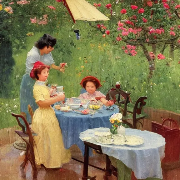 Image similar to a housewife and her daughter putting dishes on a table in the backyard, a tilted parasol sits above the table, a garden with colorful flowers in the background, rainy scene, cozy 1 9 5 0's, medium symmetry, by ilya repin, extreme detail, attention to detail, 8 k, intricate abstract, photorealistic