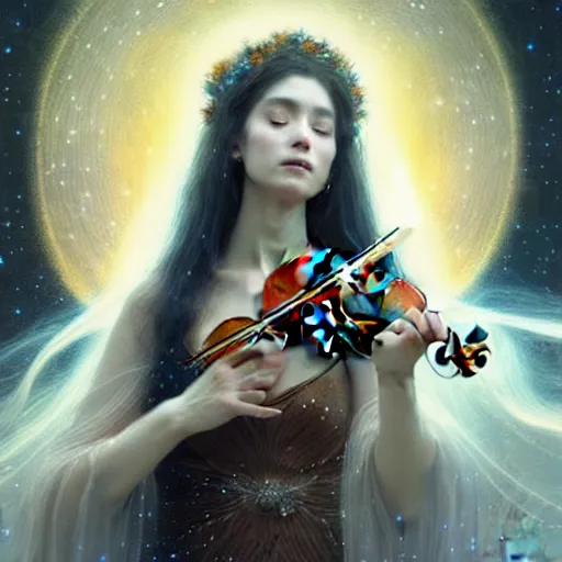 Image similar to a high quality life like portrait of a very very beautiful! celestial goddess of life playing a mystical geared violin and springing life into the universe, highly detailed, intricate, sharp focus, fantasy, mystical, dreamlike, by WLOP and greg rutkowski