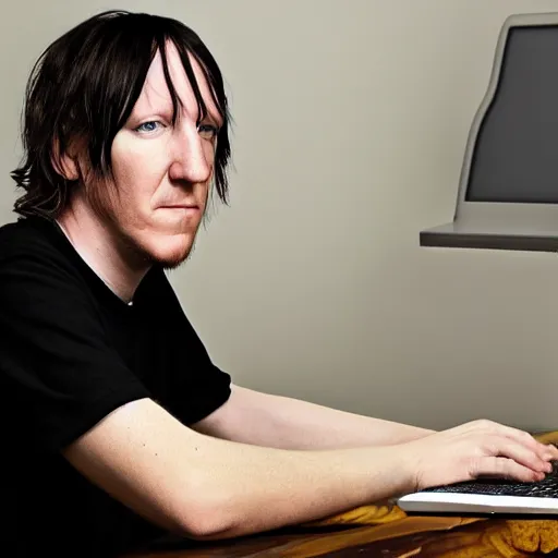 Image similar to elliott smith using a computer, ultra realistic, 8 k, photorealistic