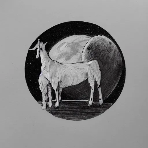 Prompt: a realistic sketch of a moon holding a goat in space, cinematic, drawing,