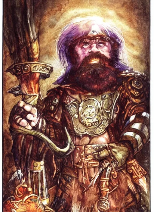 Image similar to portrait of dwarf sorcerer, beautiful! coherent! dungeons and dragons character, by brian froud, larry elmore, gerald brom, ralph horsley, wayne reynolds, strong line, deep color, chainmail, short red hair, high contrast