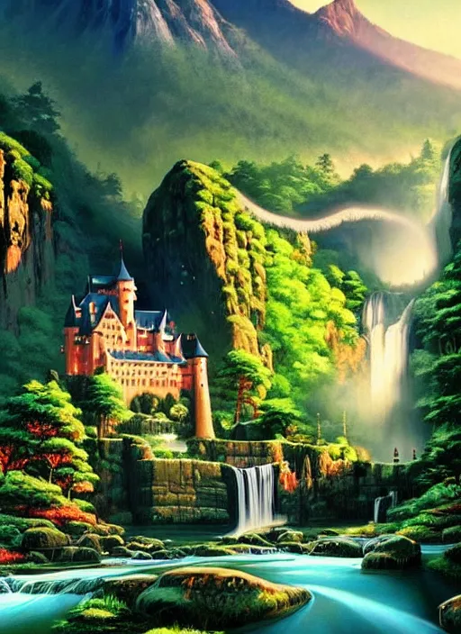 Prompt: magical castle, waterfall, river, mountain, scenery wallpaper aesthetic, beautiful, cinematic, dramatic, super detailed and intricate, hyper realistic, by koson ohara, by darwyn cooke