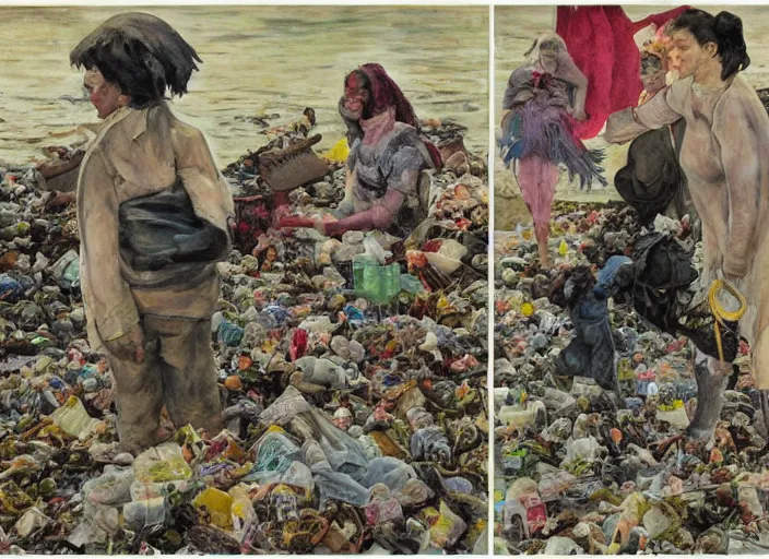 Image similar to painting, suzanne takes your hand and she leads you to the river, she's wearing rags and feathers from salvation army counters, and the sun pours down like honey on our lady of the harbor church in montreal, and she shows you where to look among the garbage and the flowers, there are heroes in the seaweed, by paula rego, by neo rauch, by edward hopper