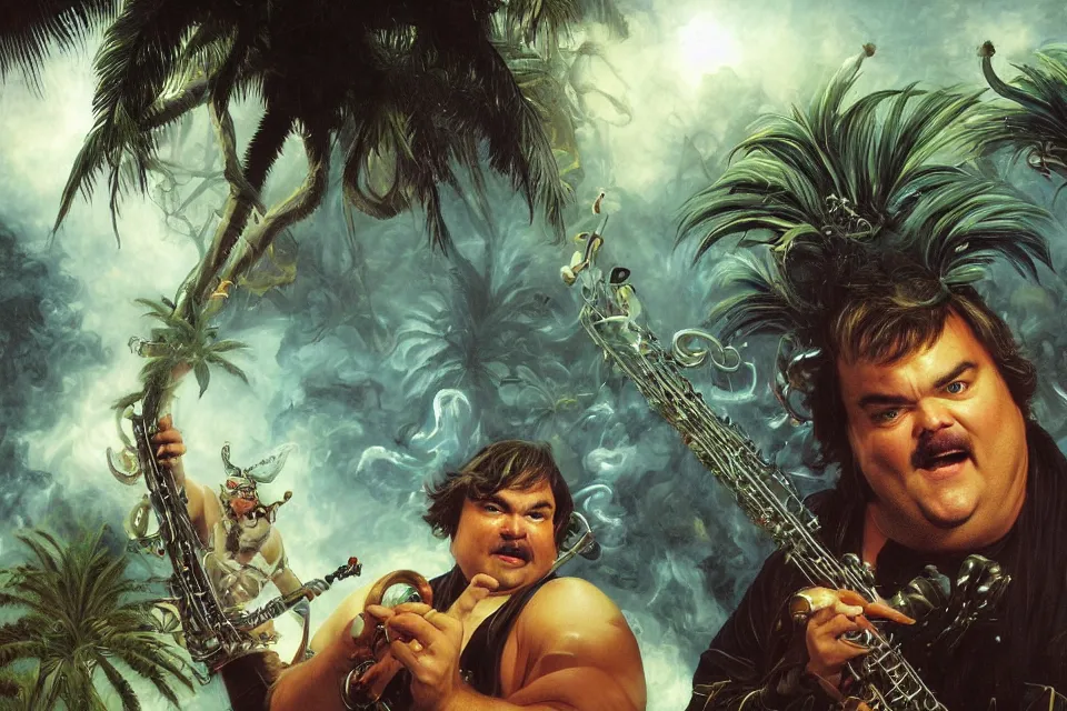 Image similar to an extreme close - up of jack black wearing gothic helmets playing with a giant insect surrounded by saxophones, palm trees, jungle fruit, volumetric light caustics kim keever clouds of pigment smoke, by hajime soryama, boris vallejo, bouguereau