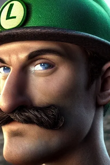 Image similar to very very intricate photorealistic photo of a realistic human version of luigi wearing his hat in an episode of game of thrones, photo is in focus with detailed atmospheric lighting, award - winning details