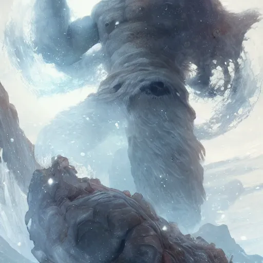 Image similar to An ancient ice giant Jotun, D&D, fantasy, intricate, cinematic lighting, highly detailed, digital painting, artstation, concept art, smooth, sharp focus, illustration, art by Akihiko Yoshida, Greg Rutkowski and Alphonse Mucha