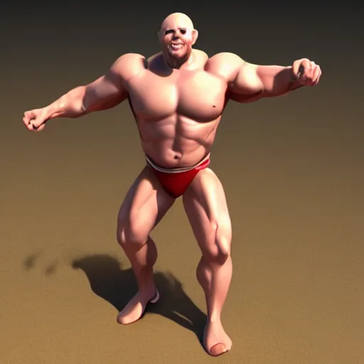 Image similar to extremely muscular bald man, small legs, exaggerated arms, 3 d model, gladiator, small head.