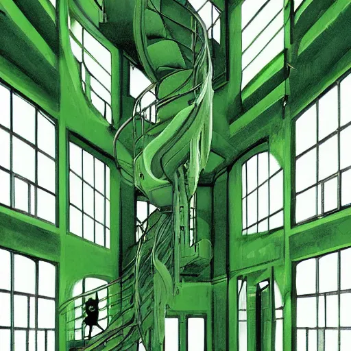 Image similar to a green slimegirl in a bright white hallway with many doors and many stairs, Mc Escher architecture, epic composition, by Makoto Shinkai