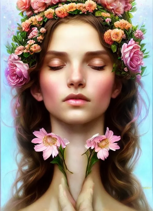 Image similar to perfectly feminine face!! full body portrait of young fairy earth goddess blessed by nature, floral sunlight crown, light brown hair, symmetrical! intricate, sensual features, dewy skin, reflective skin, highly detailed, digital painting, artstation, concept art, smooth, sharp focus, soft lighting, illustration, art by artgerm and greg rutkowski and alphonse mucha