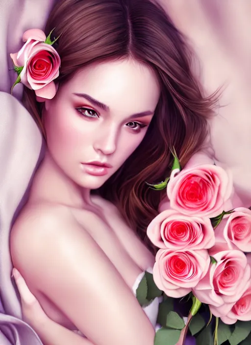 Image similar to a gorgeous female photo, professionally retouched, soft lighting, holding a bouquet of roses, realistic, smooth face, perfect eyes, wide angle, sharp focus on eyes, 8 k high definition, insanely detailed, intricate, elegant, art by artgerm and wlop