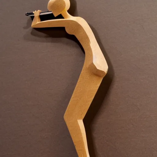 Prompt: wooden sculpture of a thin blonde lady holding a gun, polished maple, thoughtful, elegant, real