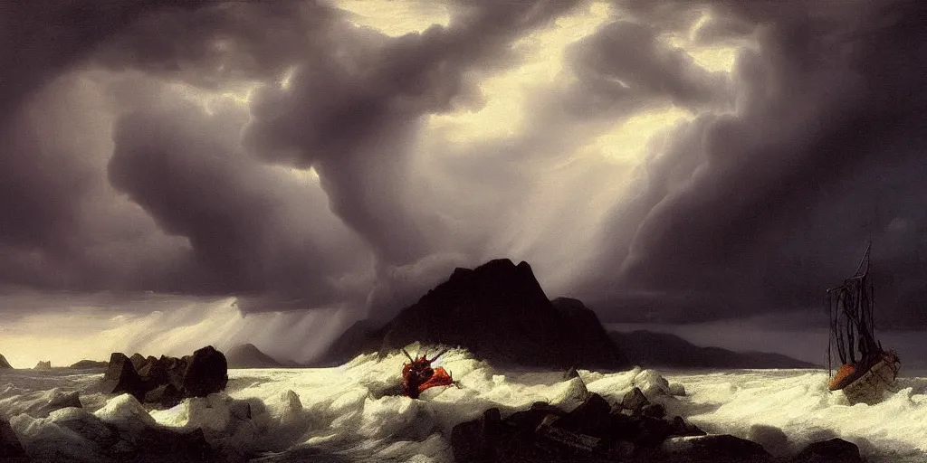 Image similar to a princess, big monster, snowy fjord, storm clouds, dramatic lighting, hudson river school, afternoon