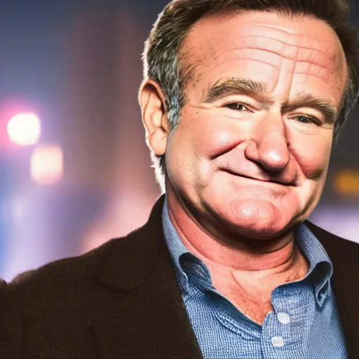 Image similar to a still of Robin Williams. Shallow depth of field. City at night in background, lights, colors ,studio lighting, mood, 4K. Profession photography