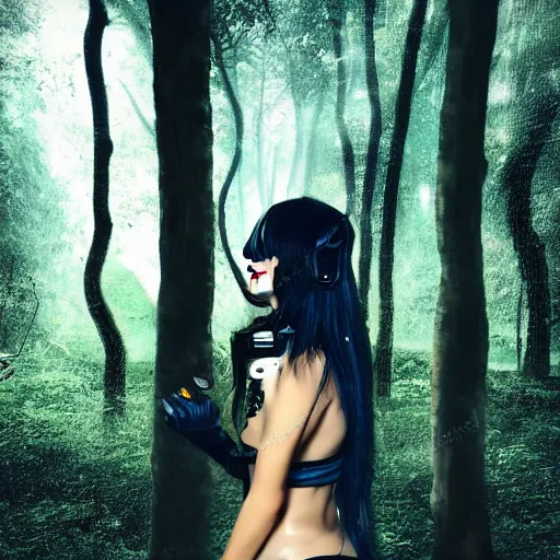 Prompt: sensual cyberpunk girl with mechanical eye in a forest