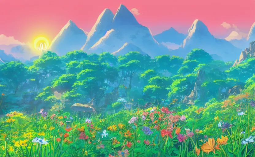 Prompt: exhuberant jungle anime, small blue lagoon, sunny meadow with flowers, mountains on the background, by Hayao Miyazaki, Nausicaa, studio Ghibli style, Anime wallpaper, cell shading,