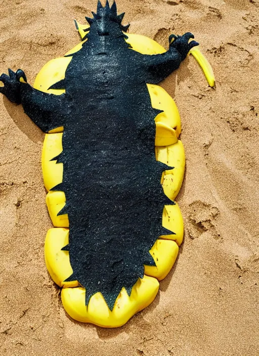 Image similar to godzilla as a banana on the sand of a beach