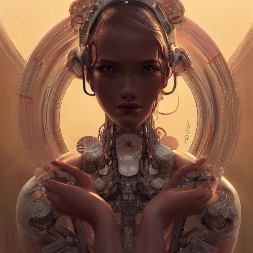 Image similar to ultra realistic illustration, manic robot girl, intricate, elegant, highly detailed, digital painting, artstation, concept art, smooth, sharp focus, illustration, award winning, art by artgerm and greg rutkowski and alphonse mucha