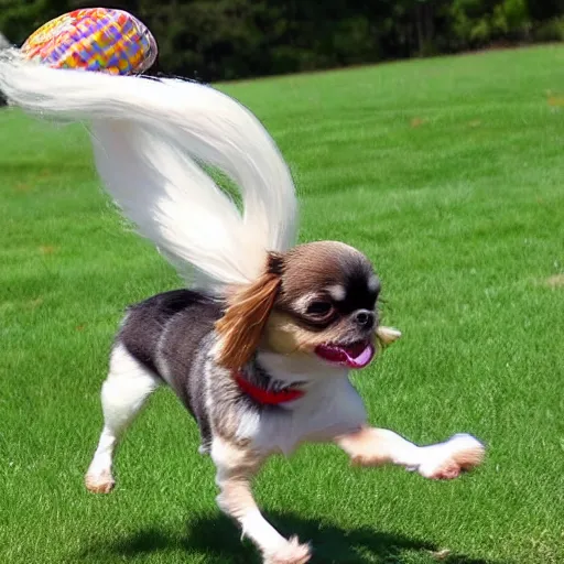 Prompt: chihuahua shih tzu mixed bread doing a backflip and catching a frisbee, real, 4k