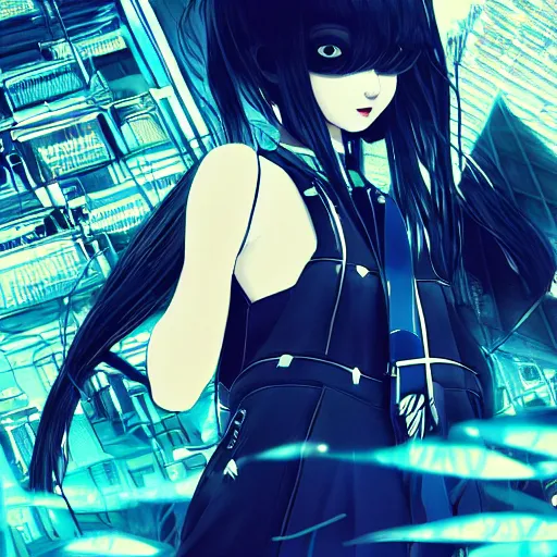 Image similar to Frequency indie album cover, luxury advertisement, blue filter, blue and black colors. Clean and detailed post-cyberpunk sci-fi close-up schoolgirl in asian city in style of cytus and deemo, blue flame, mysterious vibes, by Tsutomu Nihei, by Yoshitoshi ABe, by Ilya Kuvshinov, by Greg Tocchini, nier:automata, set in half-life 2, GITS, Blade Runner, Neotokyo Source, Syndicate(2012), beautiful with eerie vibes, very inspirational, very stylish, with gradients, surrealistic, dystopia, postapocalyptic vibes, depth of field, mist, rich cinematic atmosphere, perfect digital art, mystical journey in strange world, beautiful dramatic dark moody tones and studio lighting, shadows, bastion game, arthouse